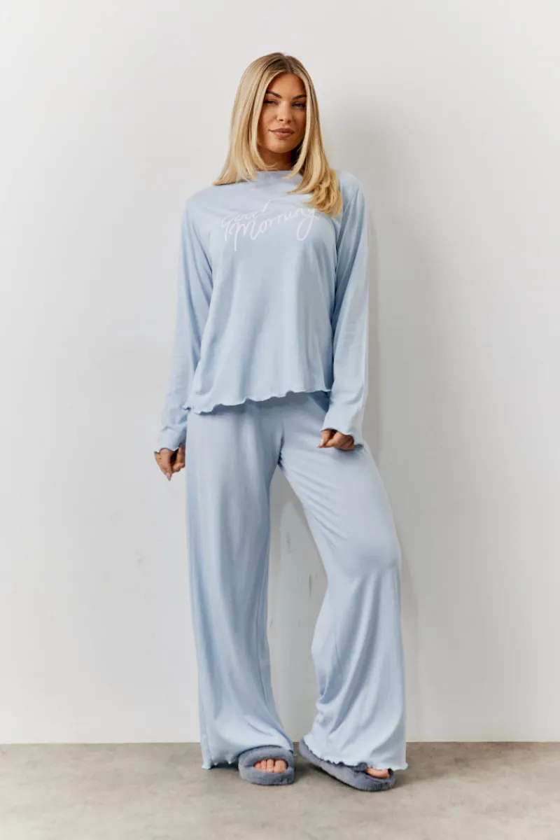 Lettuce Hem Slogan Long Sleeve Top and Trouser PJ Set|In The Style Discount