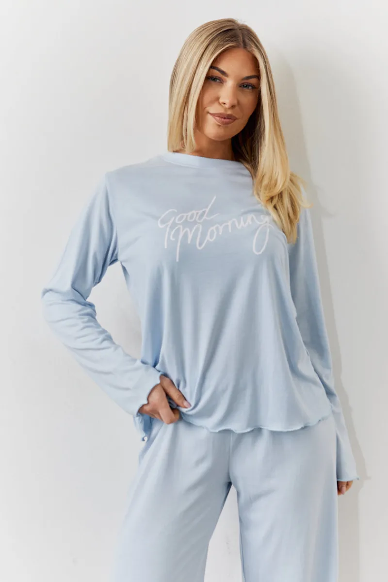 Lettuce Hem Slogan Long Sleeve Top and Trouser PJ Set|In The Style Discount