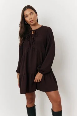 Textured Tie Front Detail Smock Dress|In the Style Sale