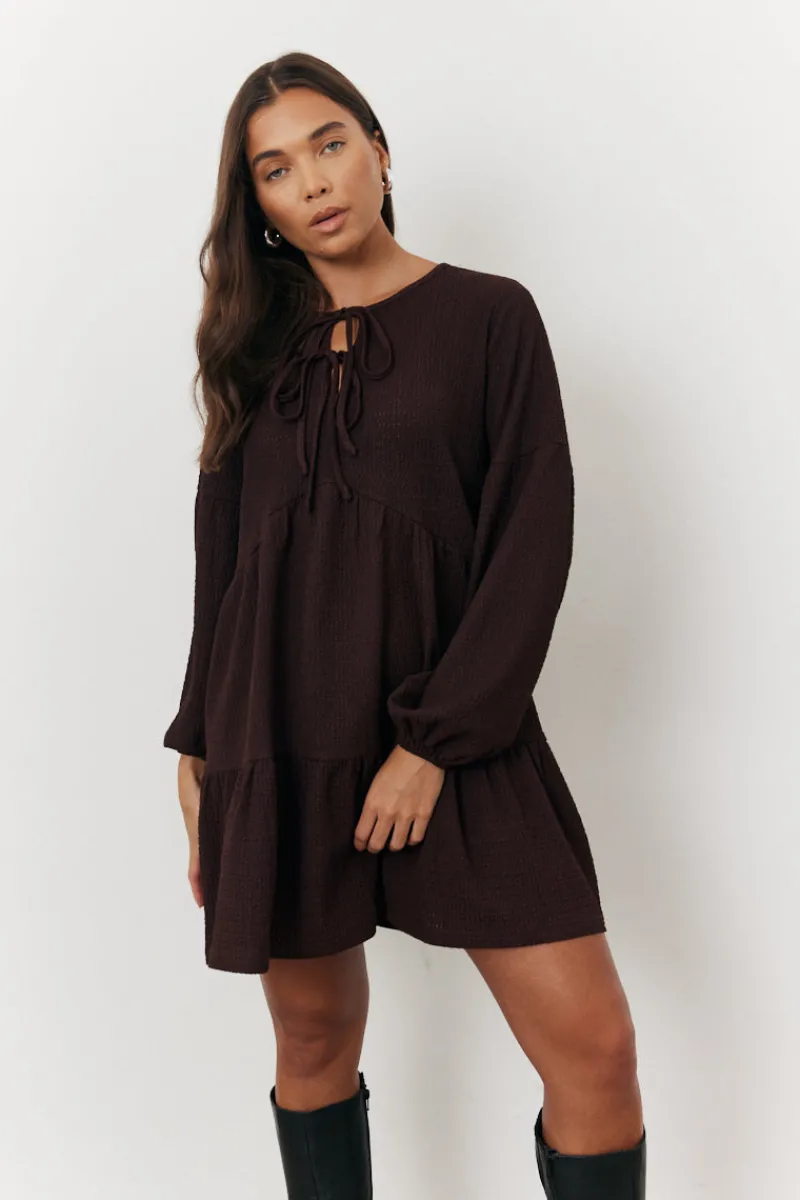 Textured Tie Front Detail Smock Dress|In the Style Sale