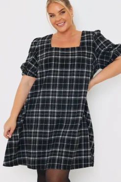 Brushed Check Balloon Sleeve Swing Dress|In the Style Clearance