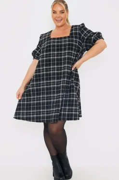 Brushed Check Balloon Sleeve Swing Dress|In the Style Clearance