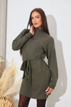 Brushed Rib Loose Belted Dress|In The Style