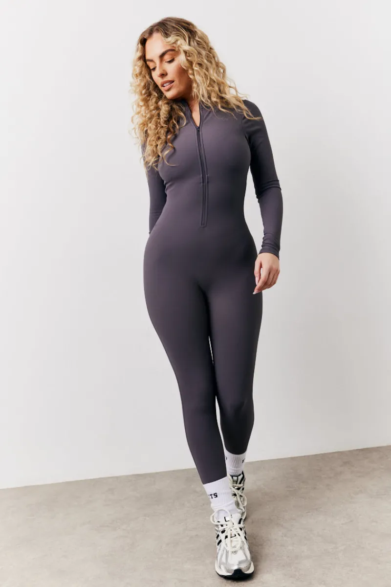 Built-In Bra Half Zip Long Sleeve Sculpt and Control Unitard|Fits