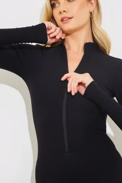 Built-In Bra Half Zip Long Sleeve Sculpt and Control Unitard|Fits