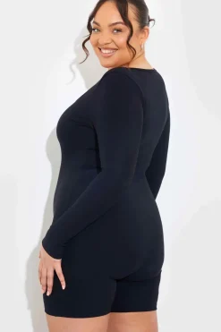 Built-In Bra Long Sleeve Sculpt and Control Short Unitard|Fits New