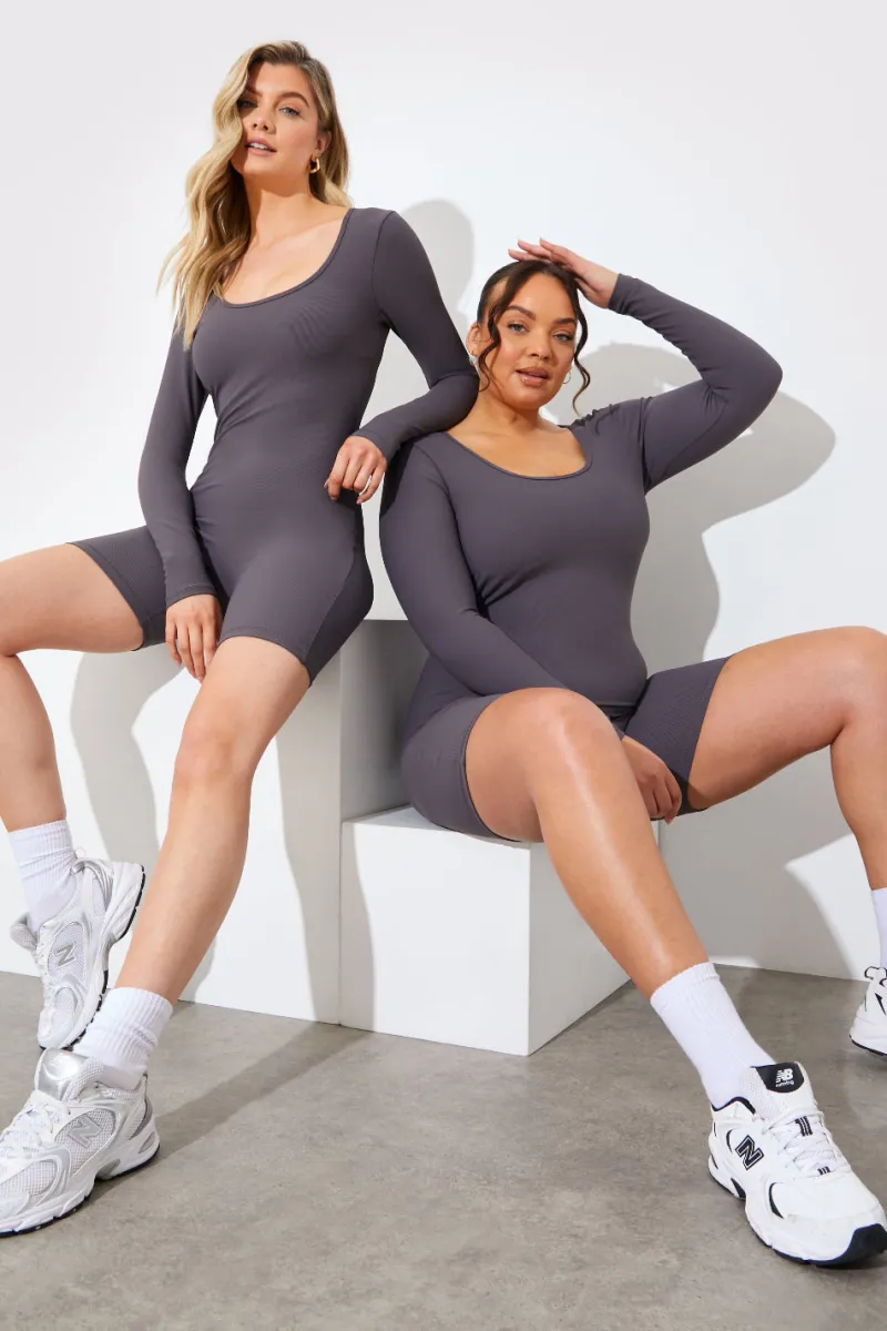 Built-In Bra Long Sleeve Sculpt and Control Short Unitard|Fits New