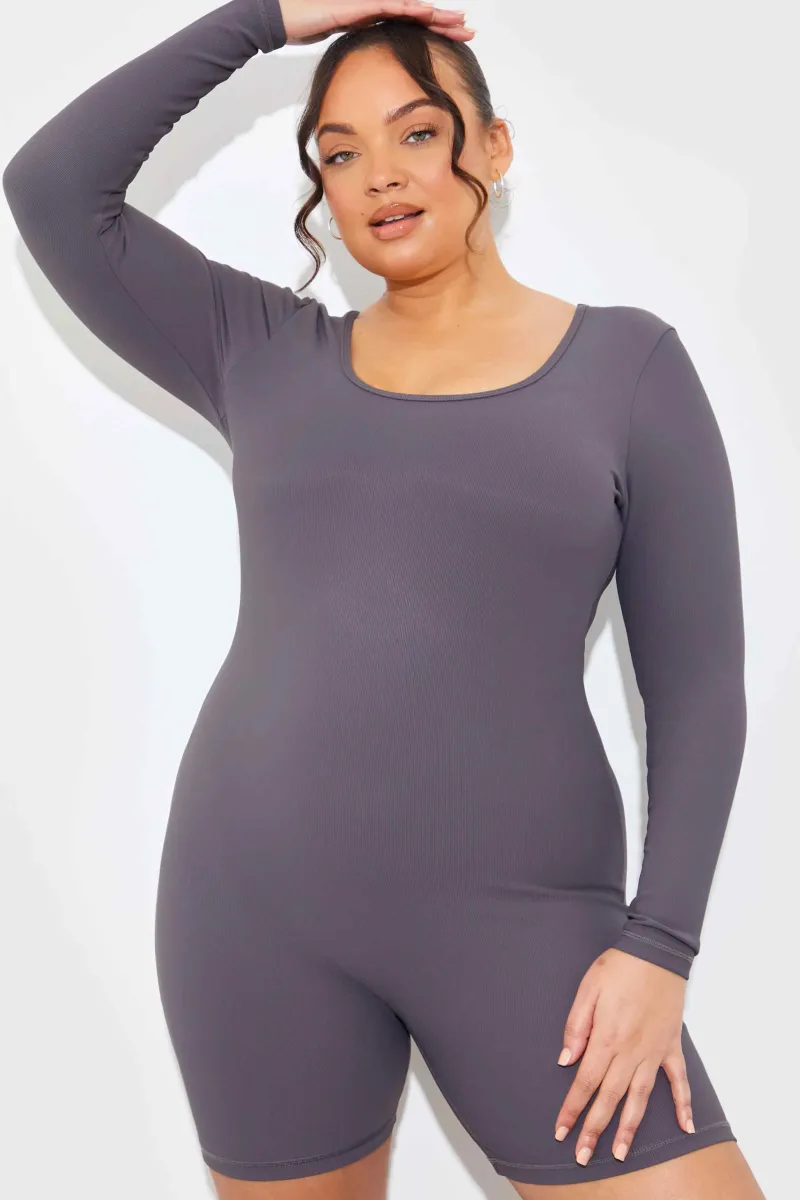 Built-In Bra Long Sleeve Sculpt and Control Short Unitard|Fits New