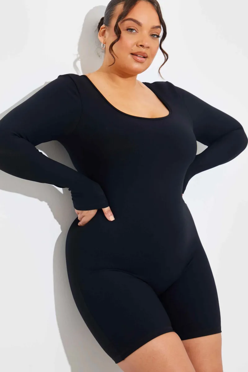 Built-In Bra Long Sleeve Sculpt and Control Short Unitard|Fits New