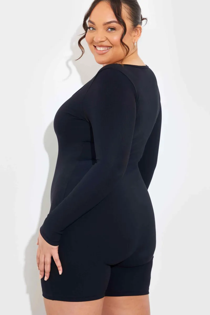 Built-In Bra Long Sleeve Sculpt and Control Short Unitard|Fits New