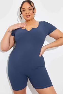 Built-In Bra Notched Neck Short Sleeve Sculpt and Control Short Unitard|In the Style Sale