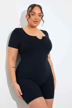 Built-In Bra Notched Neck Short Sleeve Sculpt and Control Short Unitard|In the Style Sale
