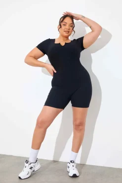 Built-In Bra Notched Neck Short Sleeve Sculpt and Control Short Unitard|In the Style Sale