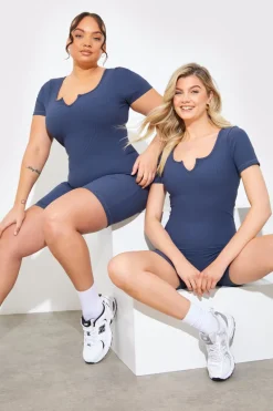 Built-In Bra Notched Neck Short Sleeve Sculpt and Control Short Unitard|In the Style Sale