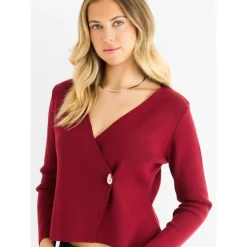 Burgundy Button Wrap Compact Knit Cardigan|Gini London Clearance