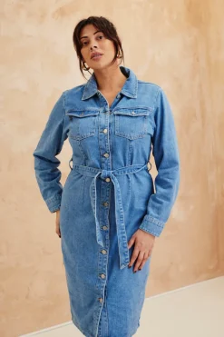 Button Through Tie Waist Denim Dress|In The Style New