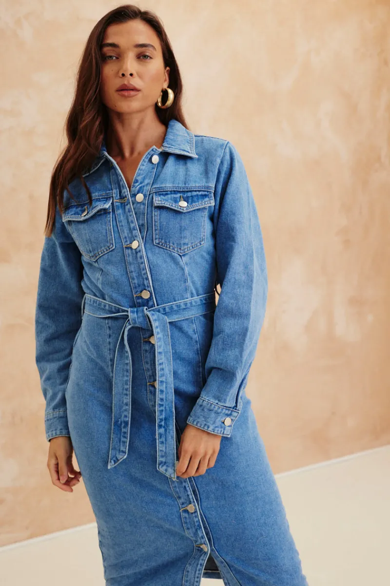 Button Through Tie Waist Denim Dress|In The Style New