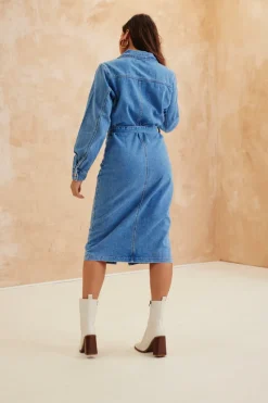 Button Through Tie Waist Denim Dress|In The Style New