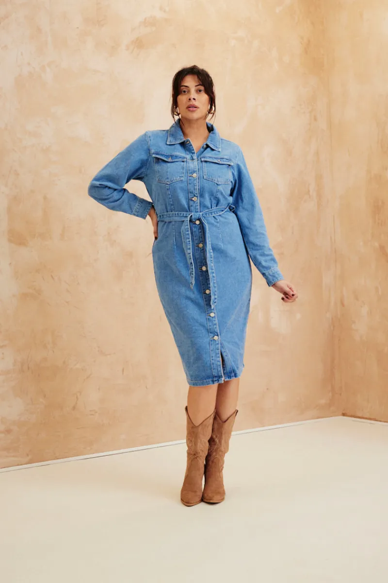 Button Through Tie Waist Denim Dress|In The Style New