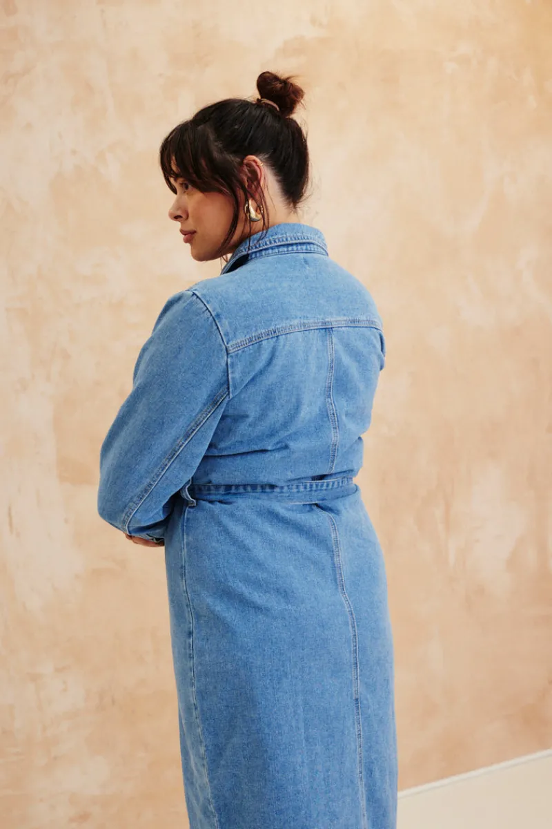 Button Through Tie Waist Denim Dress|In The Style New