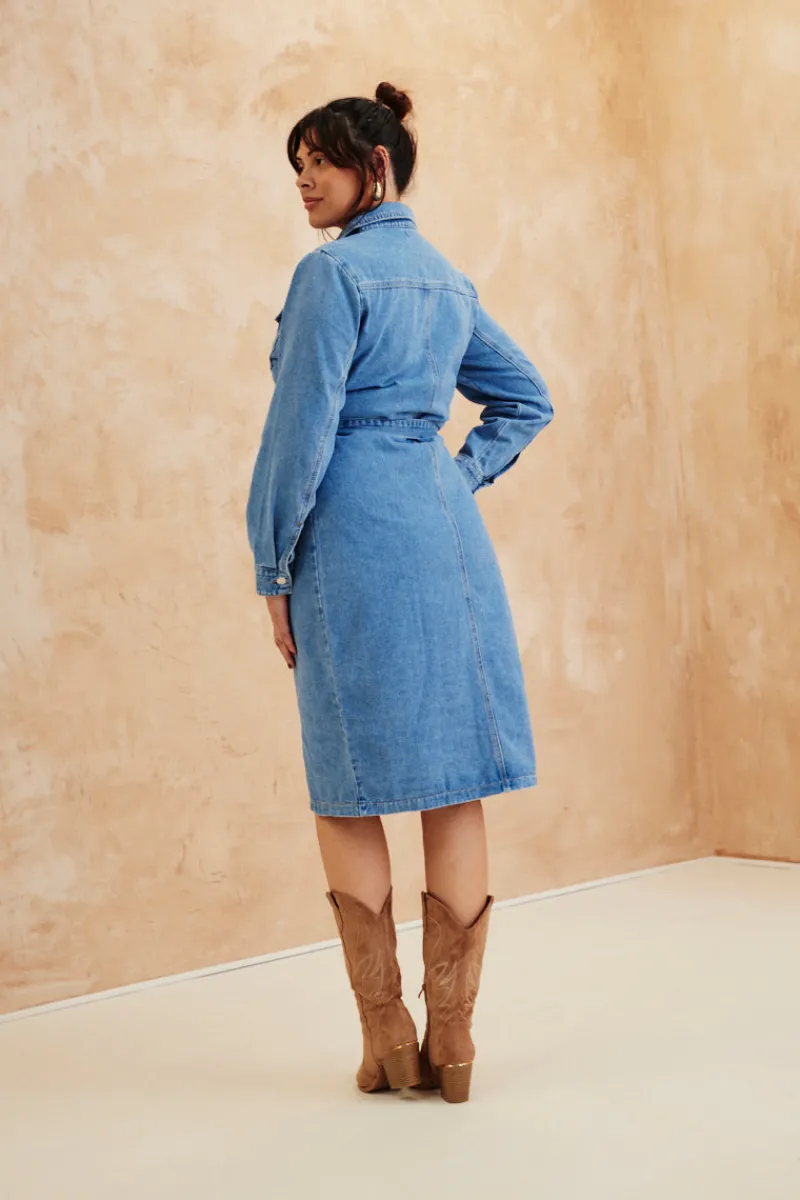 Button Through Tie Waist Denim Dress|In The Style New