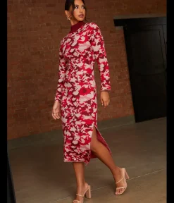 Abstract Floral Knitted Midi Dress in Pink|CHI CHI LONDON Discount