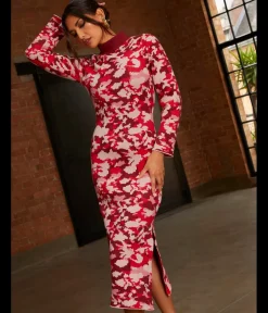 Abstract Floral Knitted Midi Dress in Pink|CHI CHI LONDON Discount