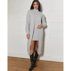 All-Over Knitted Cable High Neck Mini Dress in Grey|CHI CHI LONDON