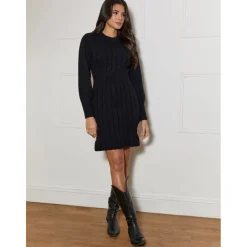 Balloon Sleeve Cable Knit Mini Jumper Dress in Black|CHI CHI LONDON Hot