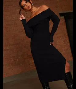 Bardot Split Detail Midi Jumper Dress in Black|CHI CHI LONDON New