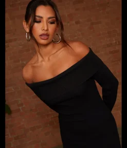 Bardot Split Detail Midi Jumper Dress in Black|CHI CHI LONDON New