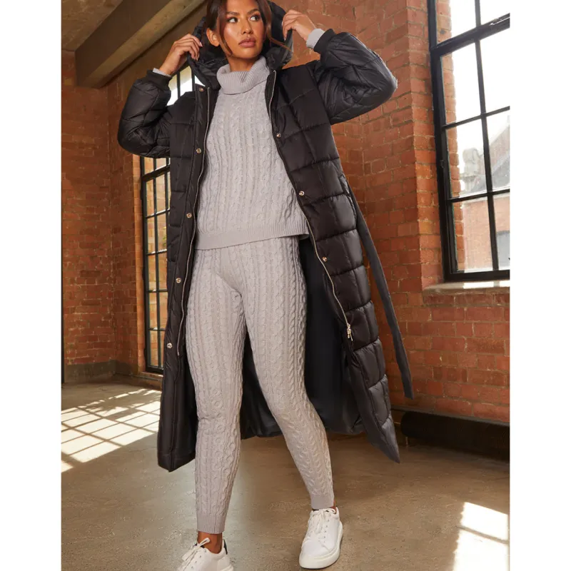 Check Padded Longline Belted Coat in Black|CHI CHI LONDON New