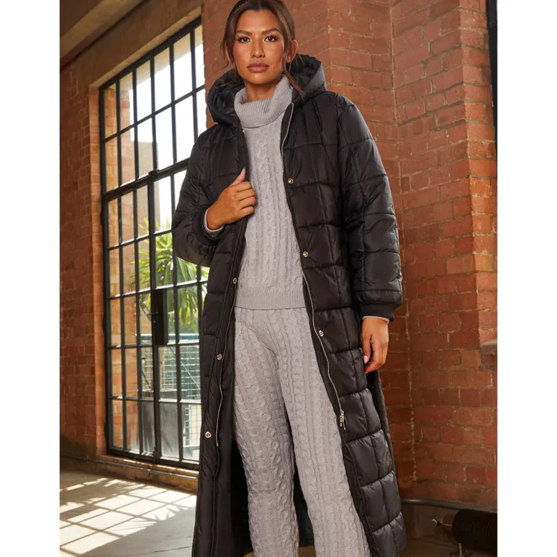 Check Padded Longline Belted Coat in Black|CHI CHI LONDON New