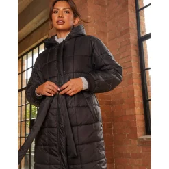 Check Padded Longline Belted Coat in Black|CHI CHI LONDON New