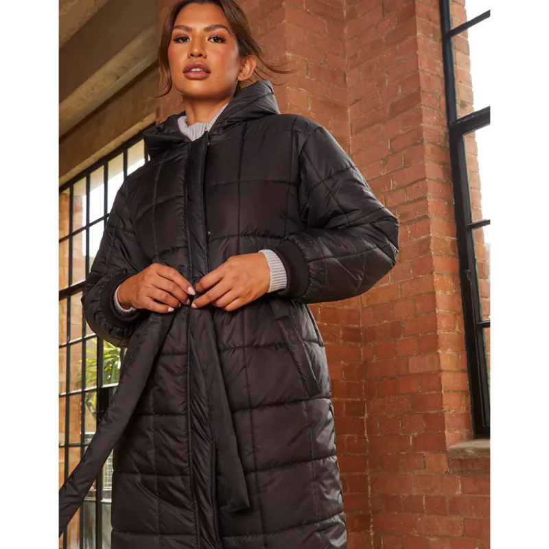 Check Padded Longline Belted Coat in Black|CHI CHI LONDON New