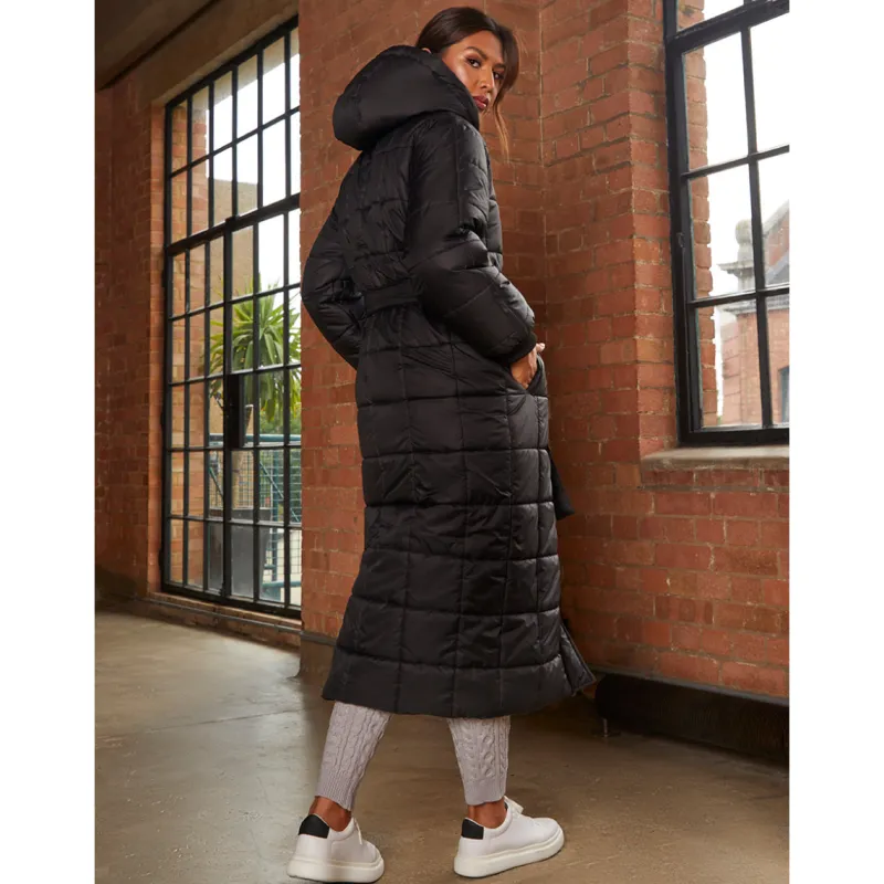 Check Padded Longline Belted Coat in Black|CHI CHI LONDON New