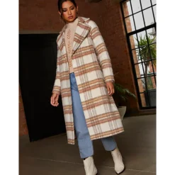 Check Wrap Tie Waist Coat in Cream|CHI CHI LONDON Outlet