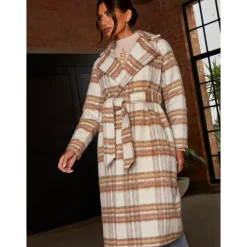 Check Wrap Tie Waist Coat in Cream|CHI CHI LONDON Outlet