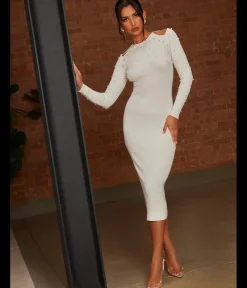 Cold Shoulder Pearl Detail Rib Midi Dress in Cream|CHI CHI LONDON