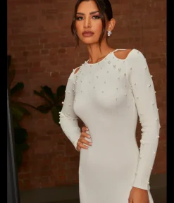Cold Shoulder Pearl Detail Rib Midi Dress in Cream|CHI CHI LONDON