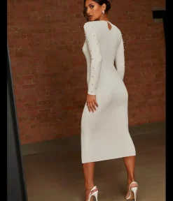 Cold Shoulder Pearl Detail Rib Midi Dress in Cream|CHI CHI LONDON