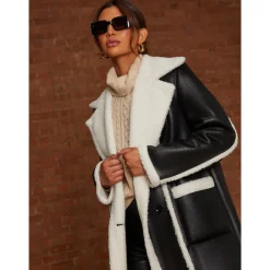 Contrast Trim Borg Coat in Black|CHI CHI LONDON Sale