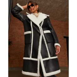 Contrast Trim Borg Coat in Black|CHI CHI LONDON Sale