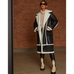 Contrast Trim Borg Coat in Black|CHI CHI LONDON Sale