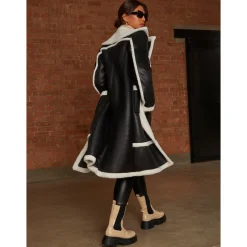 Contrast Trim Borg Coat in Black|CHI CHI LONDON Sale