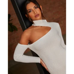 Cut-Out Long Sleeve Knitted Rib Dress in White|CHI CHI LONDON Discount