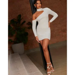 Cut-Out Long Sleeve Knitted Rib Dress in White|CHI CHI LONDON Discount