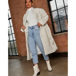 Diamond Quilted Longline Belted Coat in Cream|CHI CHI LONDON Outlet
