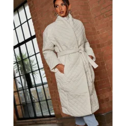 Diamond Quilted Longline Belted Coat in Cream|CHI CHI LONDON Outlet
