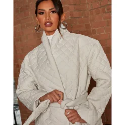 Diamond Quilted Longline Belted Coat in Cream|CHI CHI LONDON Outlet